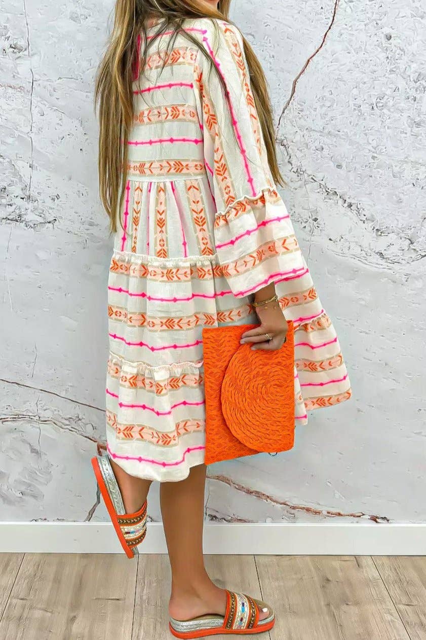 Boho Ruffle 3/4 Sleeve V-Neck Dress