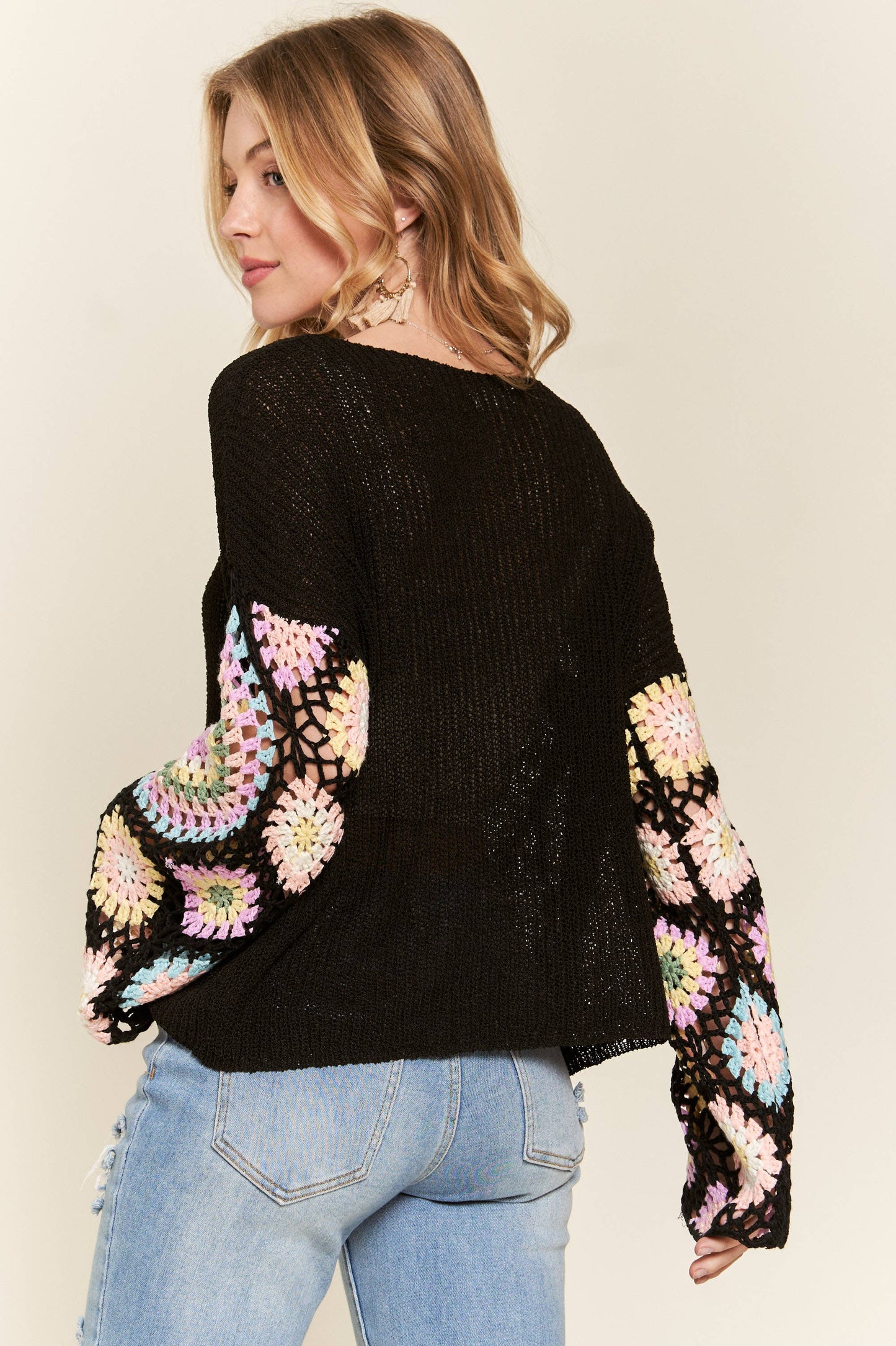 MULTI COLOR CROCHET SLEEVE LOOSE TOP