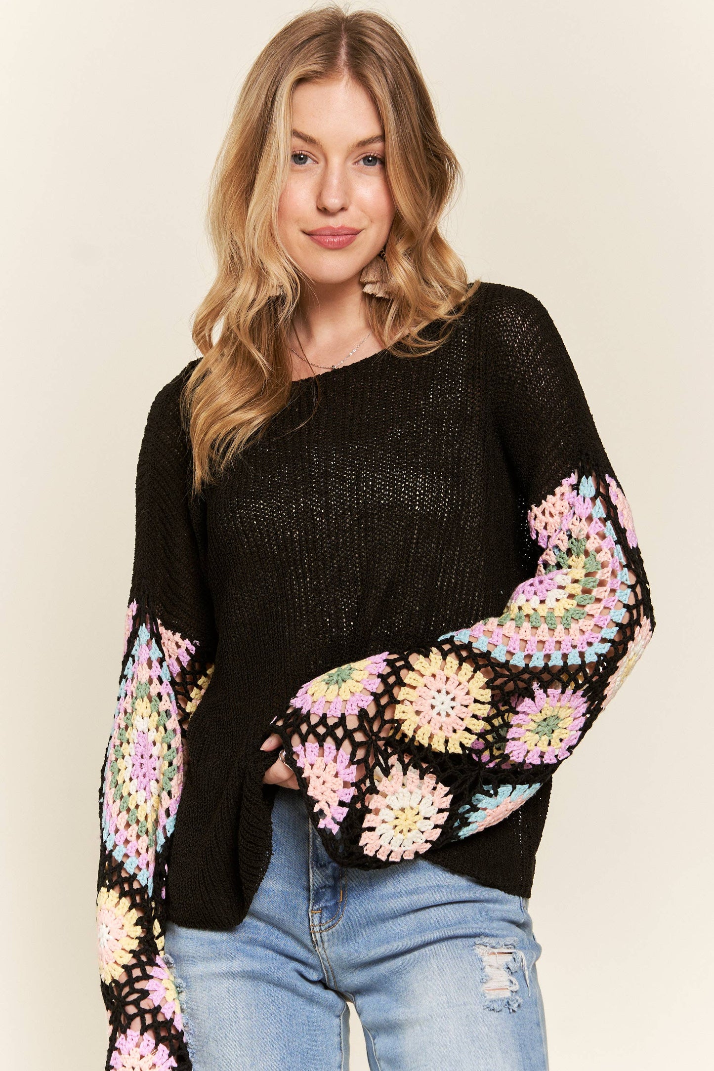 MULTI COLOR CROCHET SLEEVE LOOSE TOP