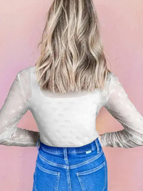 Black Mesh Bow Pattern Long Sleeve Top