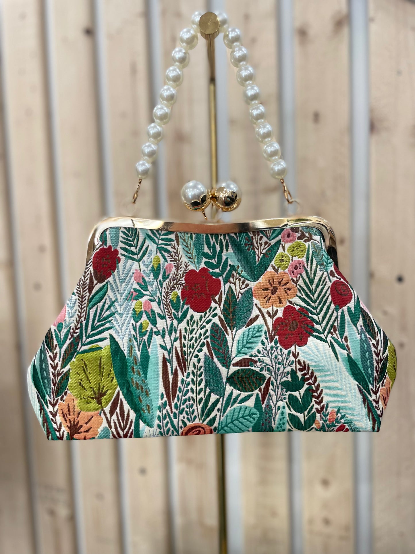 Floral Purse with Pearl Strap and Pearl Clasp