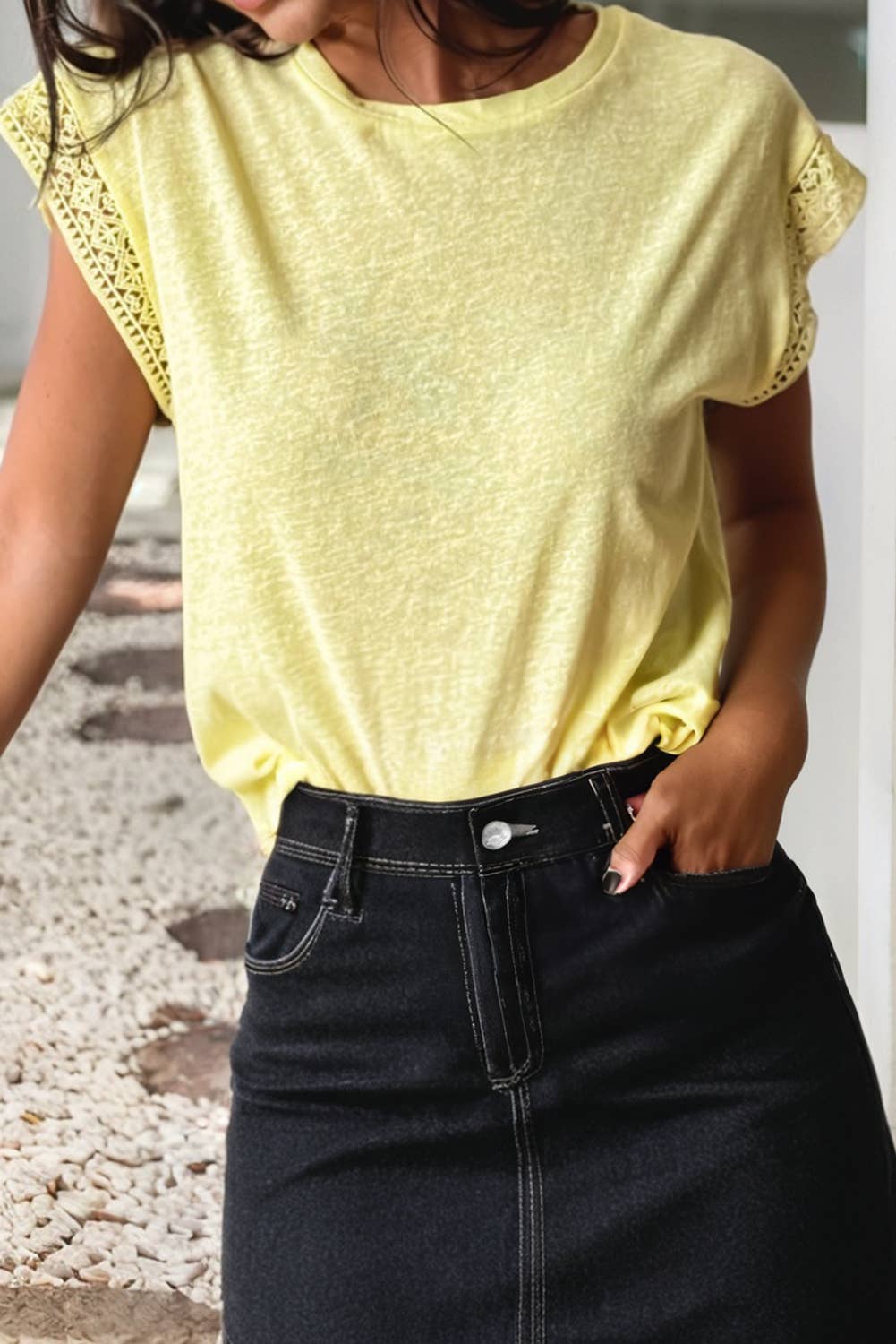 LDC Lace Patchwork Cap Sleeve Round Neck T Shirt