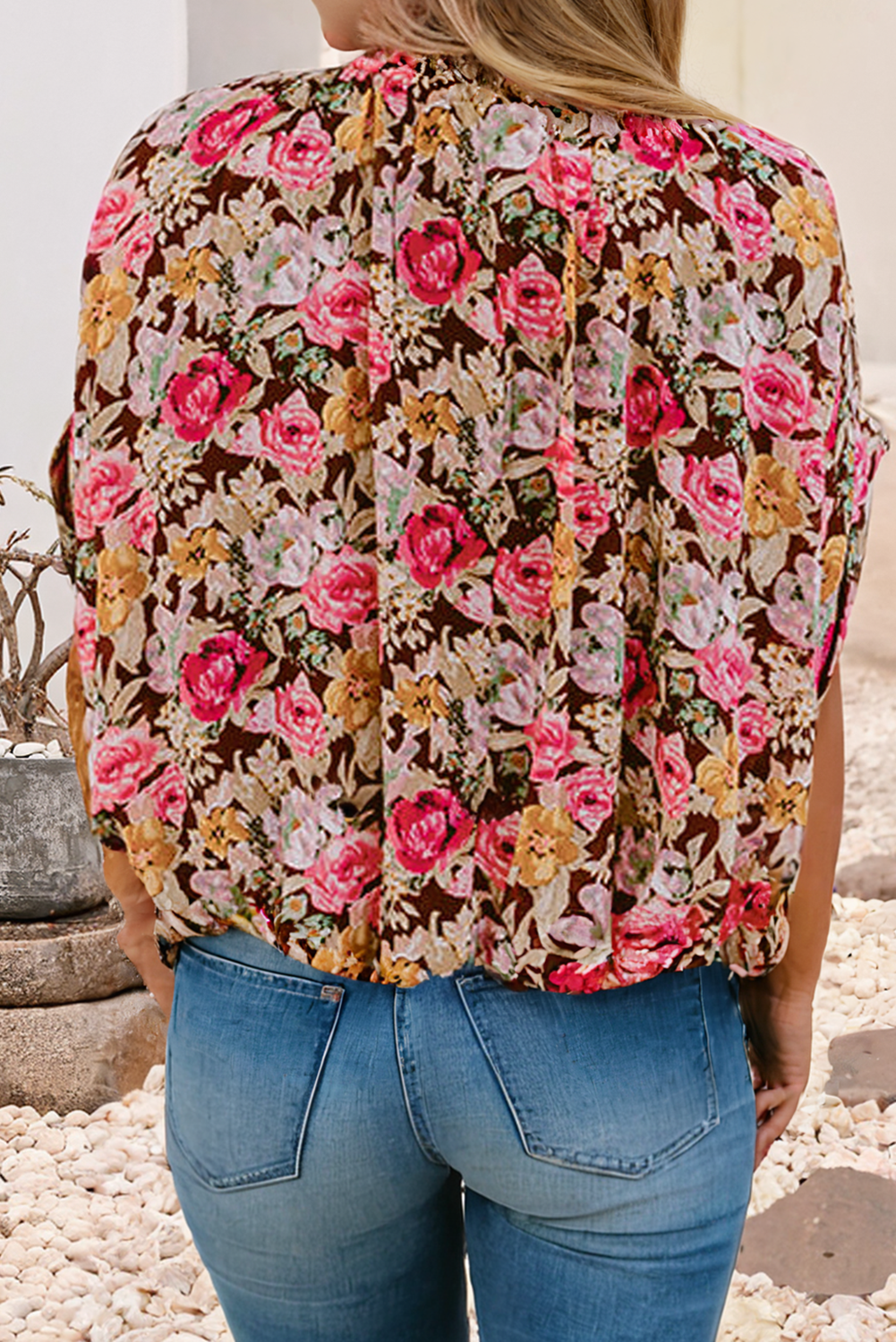 LDC Floral Print Crew Neck Short Sleeve Shift Blouse