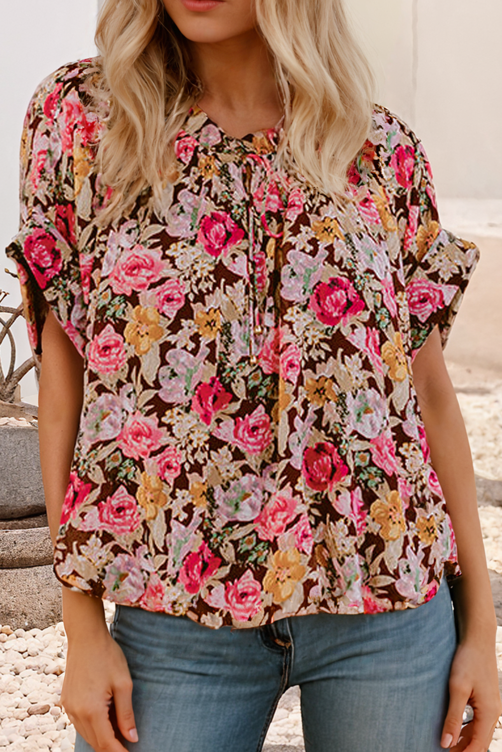 LDC Floral Print Crew Neck Short Sleeve Shift Blouse