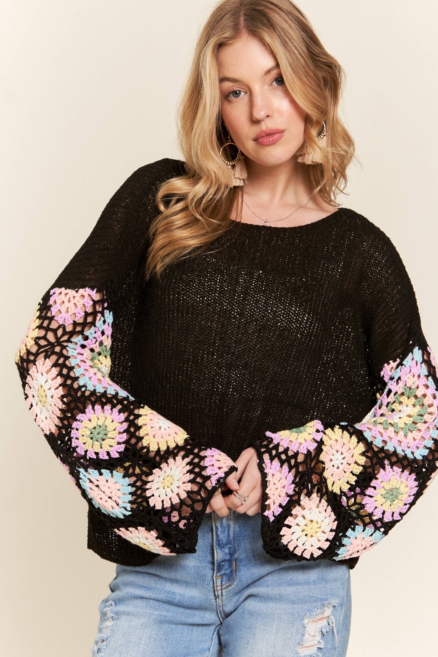 MULTI COLOR CROCHET SLEEVE LOOSE TOP