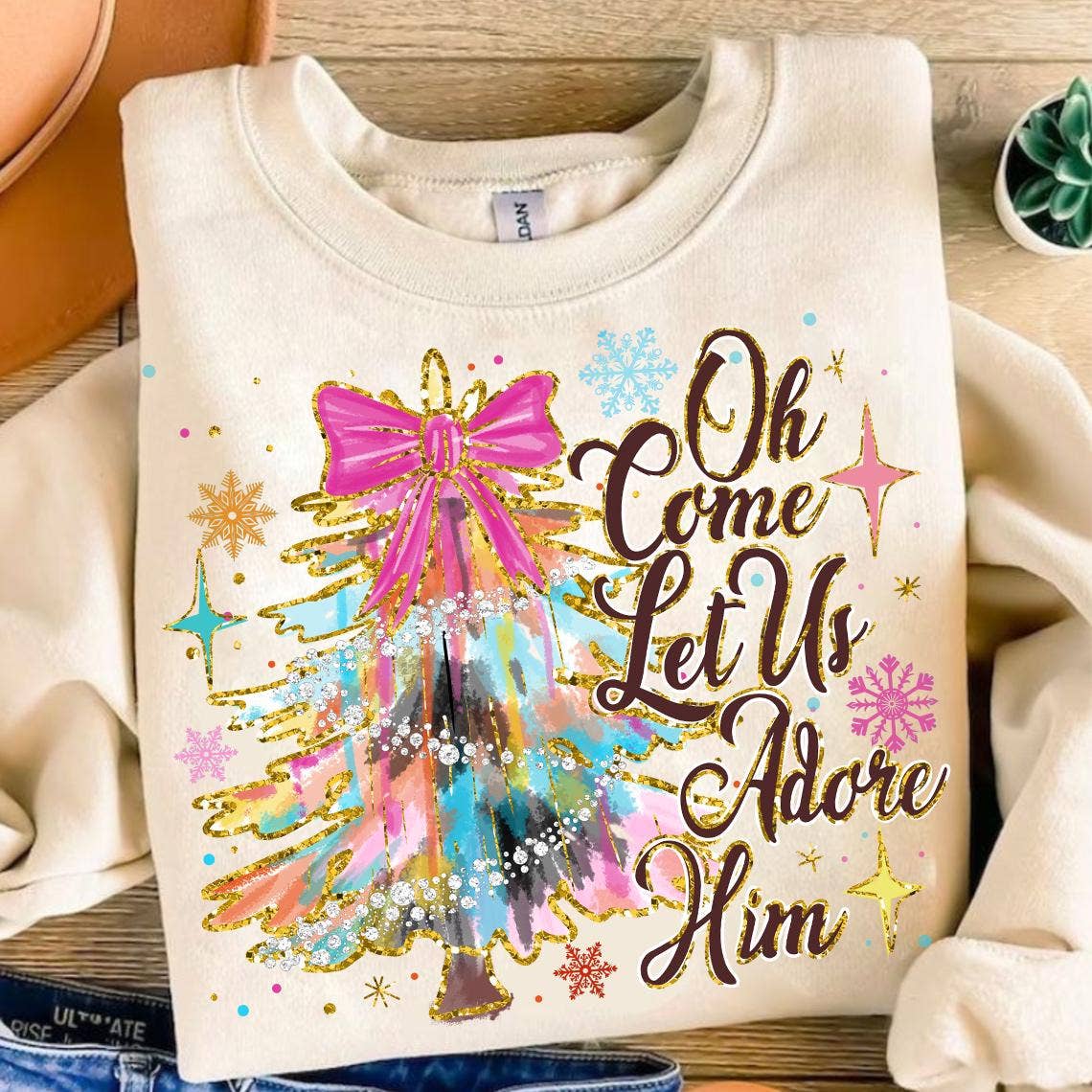 Oh Come Let Us Adore Him Christmas Tree Sweatshirt