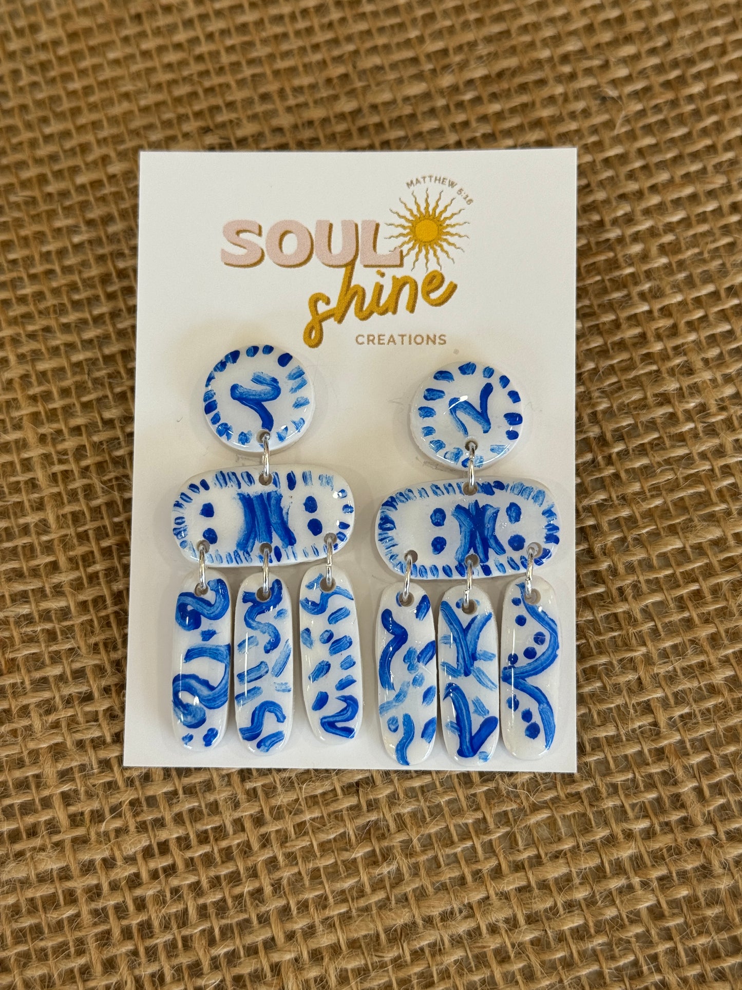 Blue and white mosaic clay earrings