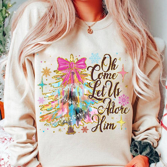 Oh Come Let Us Adore Him Christmas Tree Sweatshirt