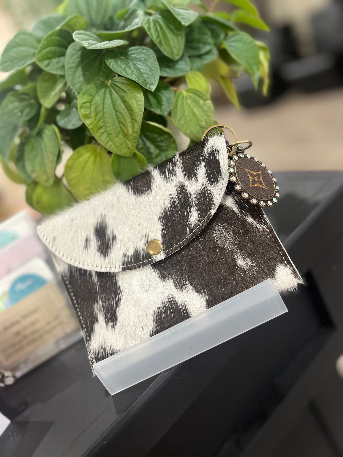 Small Cowhide Wallet w/ Reclaimed LV Charm | White & Dark Brown