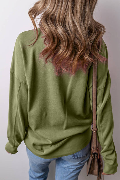 Drop Shoulder Crisscross Stitching Pocketed Loose Sweatshirt: Green