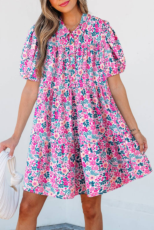 LDC Floral Collar Half Button Short Sleeve Loose Dress