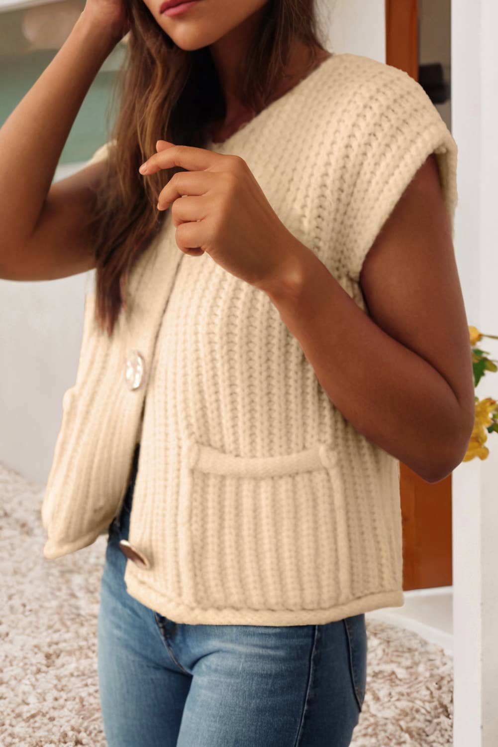 LDC Solid Textured Knit Side Pockets Buttoned Sweater Vest