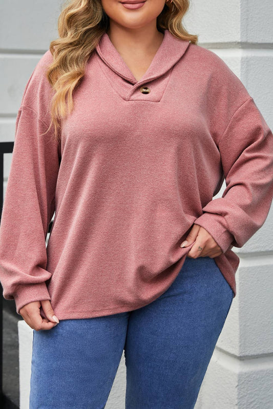 Plus Size Trendy Solid Basic Long Sleeve V-Neck Buttoned Top