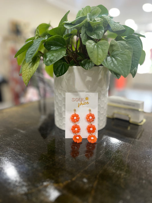 Orange flower dangle clay earrings