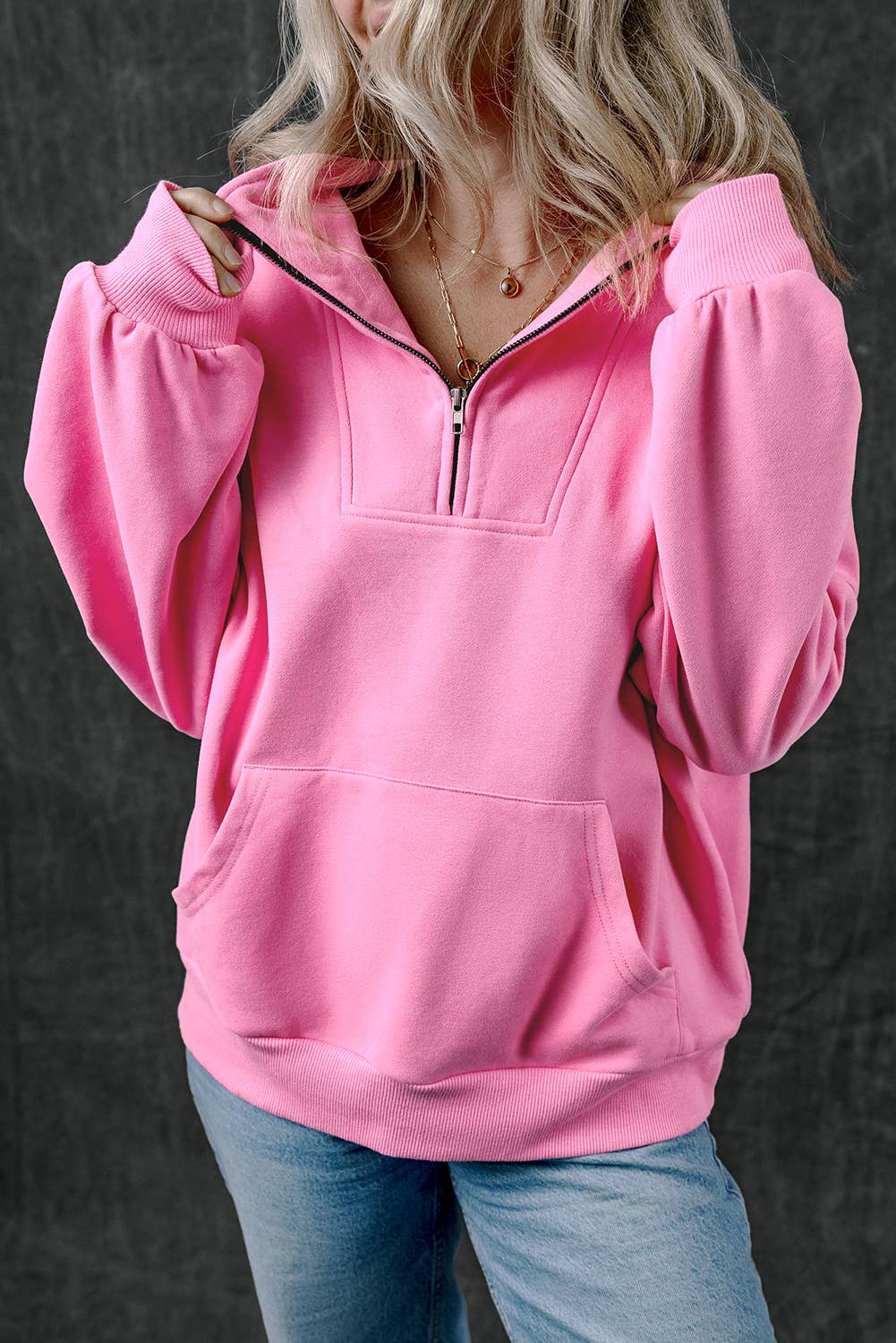 Zip-up Stand Neck Kangaroo Pocket Sweatshirt