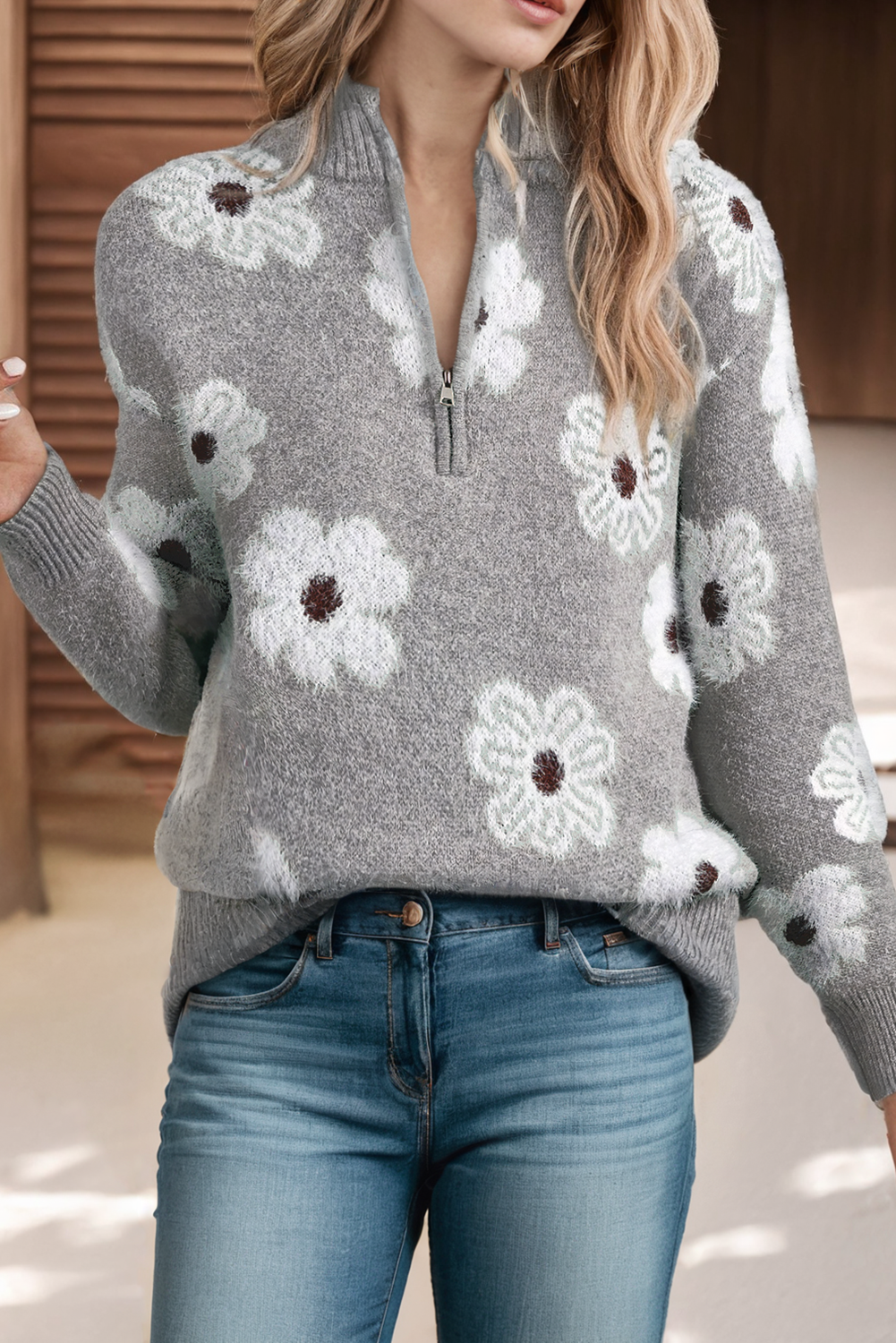 LDC Floral Pattern Drop Shoulder Half Zip Sweater: Gray