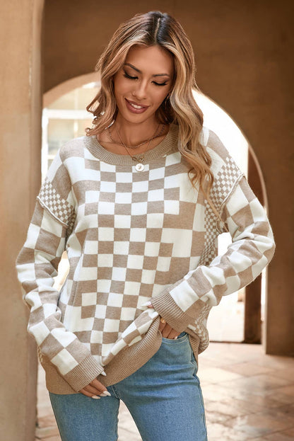 LDC Checkered Print Drop Shoulder Round Neck Sweater