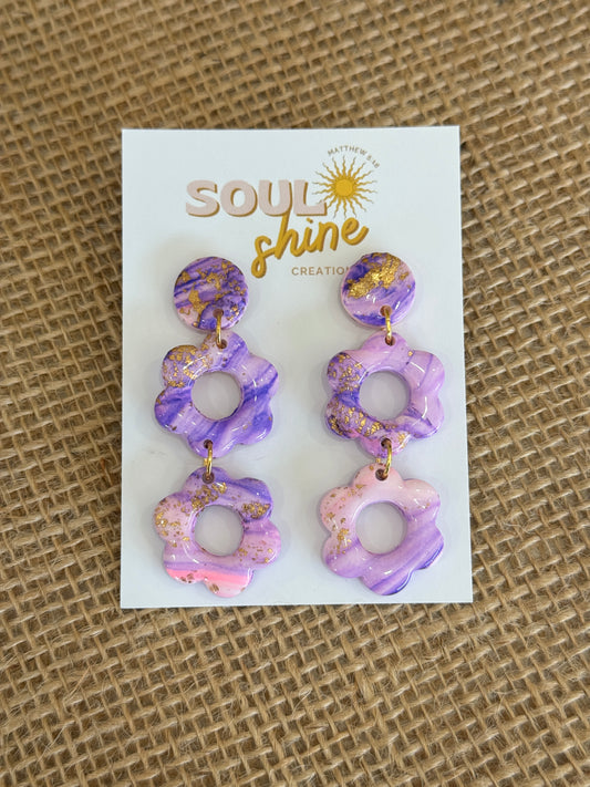 Purple, Pink Flower Clay Earrings