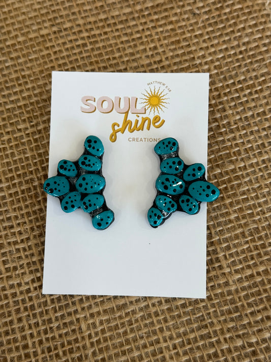 Hand painted turquoise aztec clay earrings