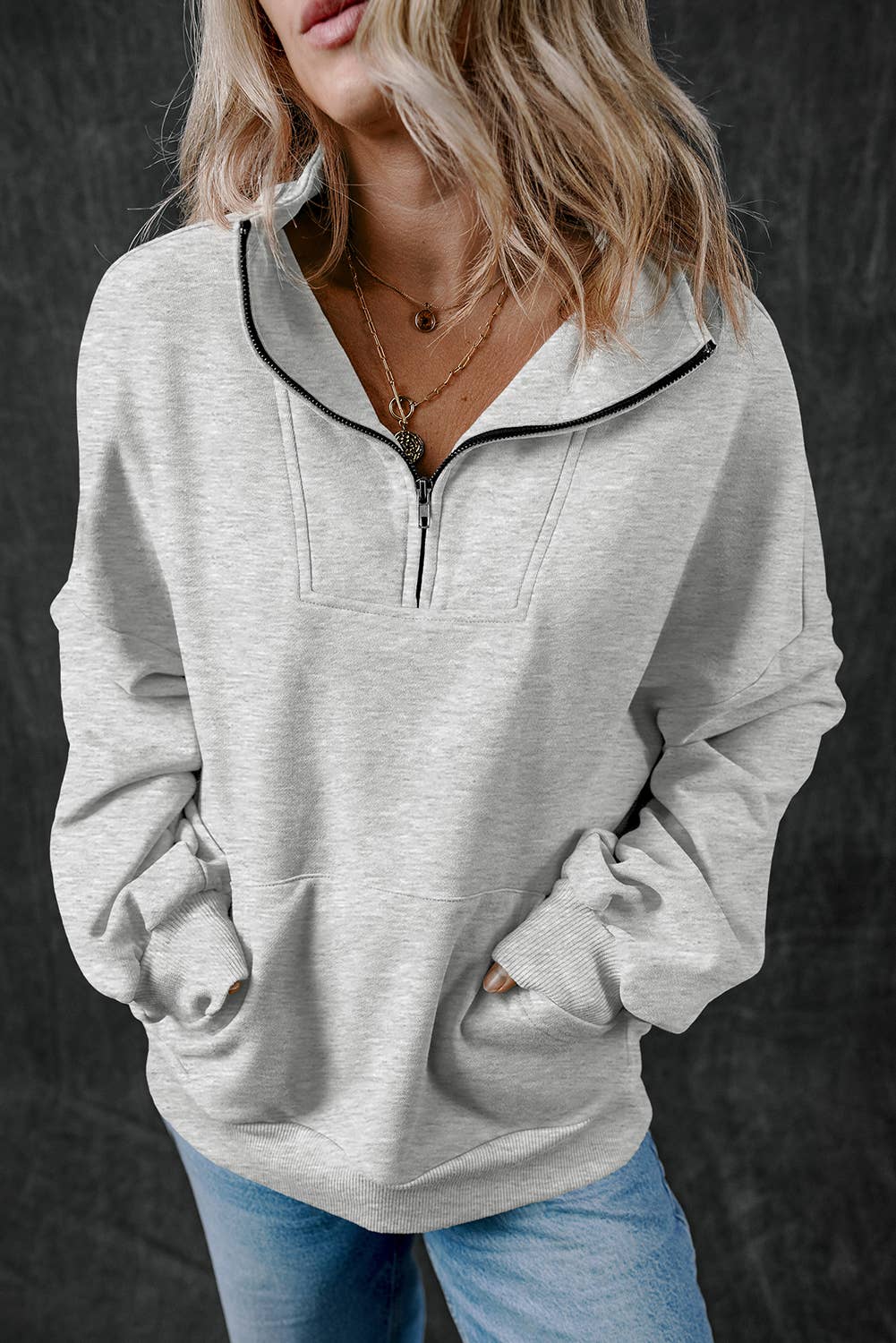 Zip-up Stand Neck Kangaroo Pocket Sweatshirt