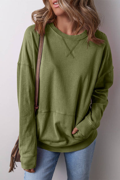 Drop Shoulder Crisscross Stitching Pocketed Loose Sweatshirt: Green