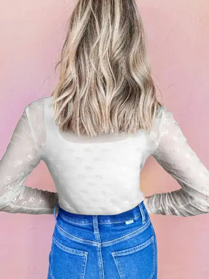 Black Mesh Bow Pattern Long Sleeve Top