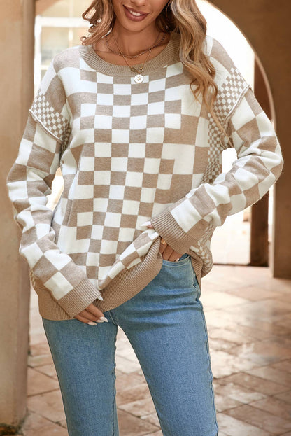 LDC Checkered Print Drop Shoulder Round Neck Sweater