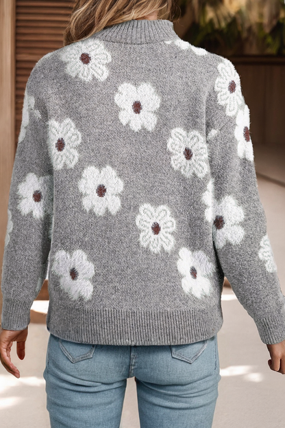 LDC Floral Pattern Drop Shoulder Half Zip Sweater: Gray