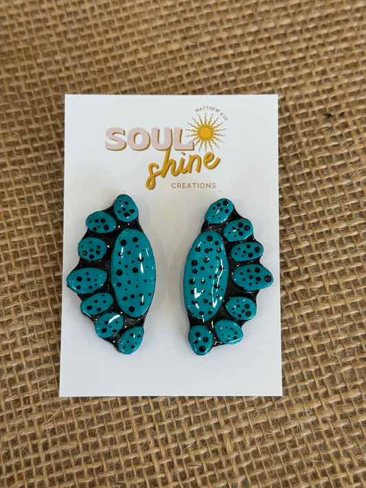 Hand painted turquoise aztec clay earrings