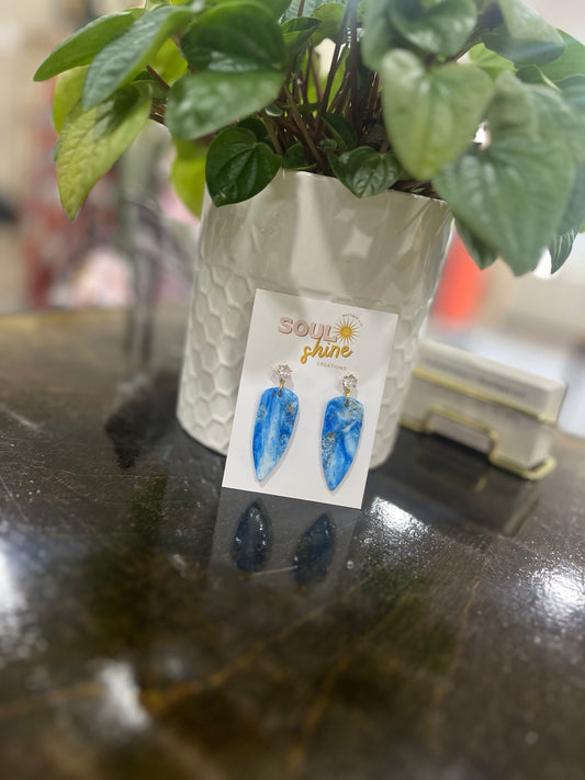 Blue marble dangle earrings with gold