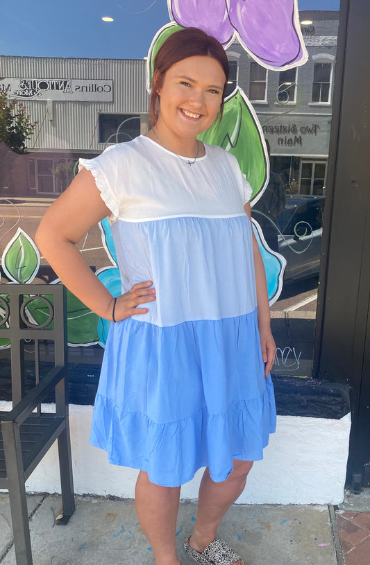 Blue Color Block Tiered Dress