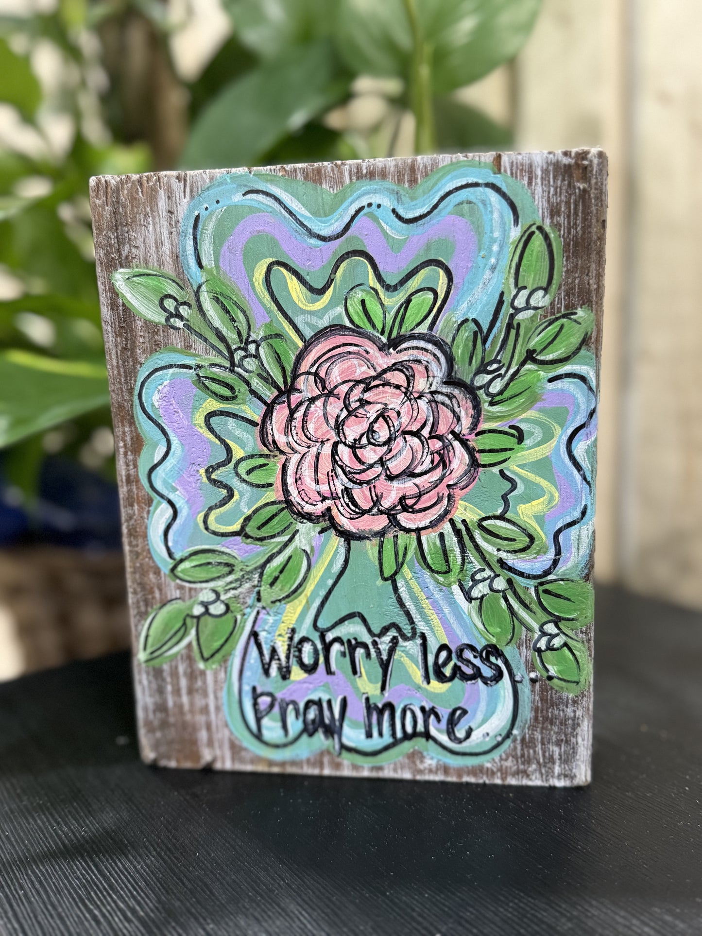 Block floral cross painting “worry less pray more”