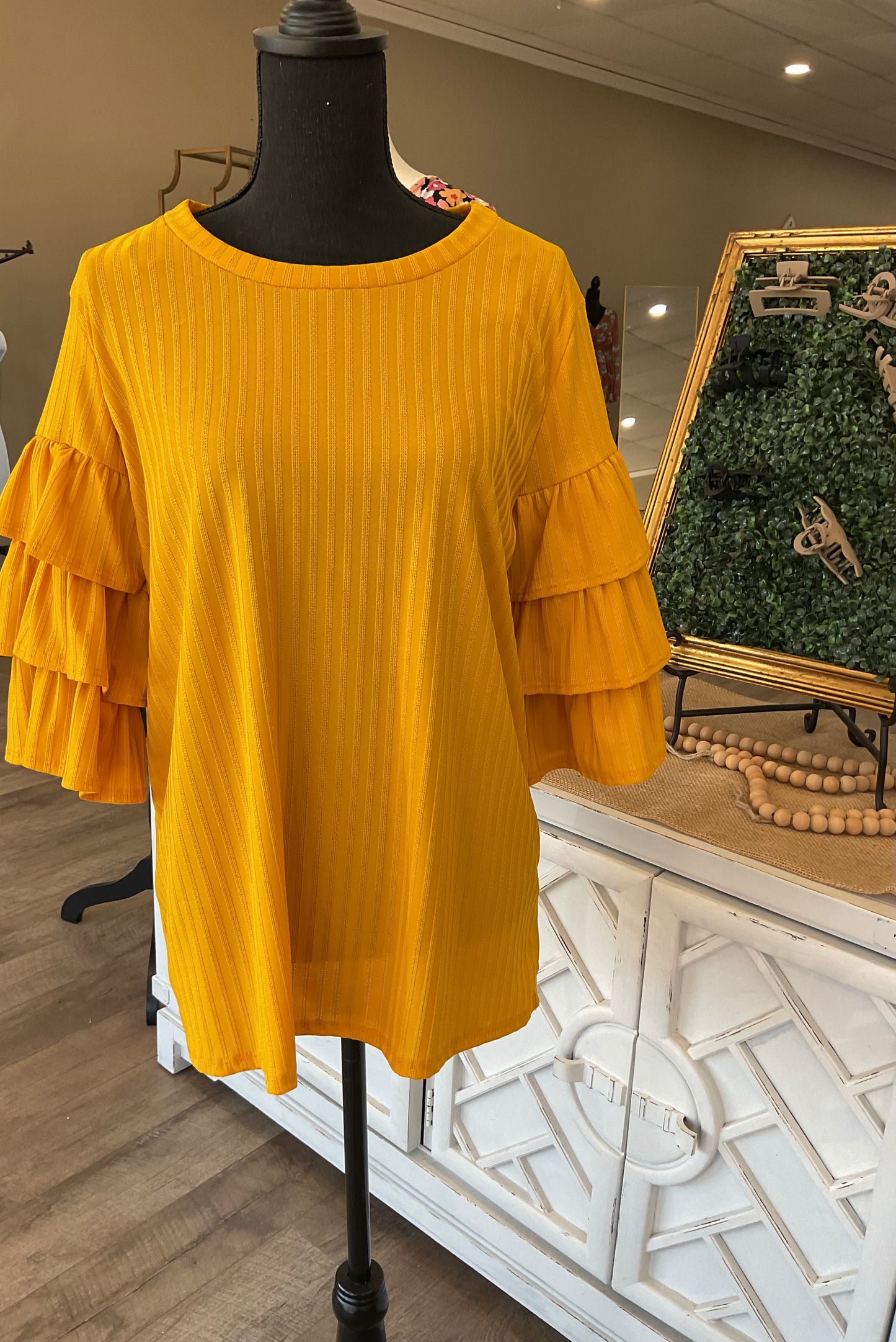 Mustard top with ruffle sleeves