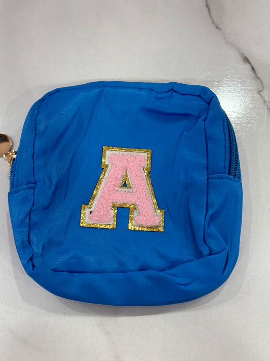 Blue mini bag with pink A initial