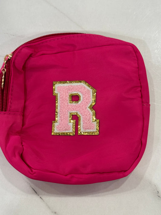 Maroon mini bag with pink R initial