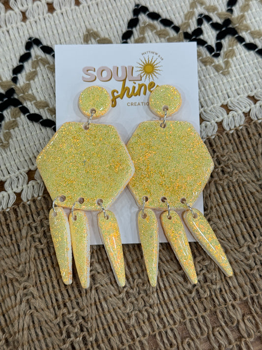 Yellow glitter dangle clay earrings