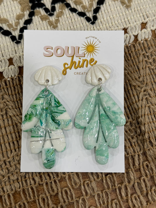 Green marble with seashell stud clay earrings