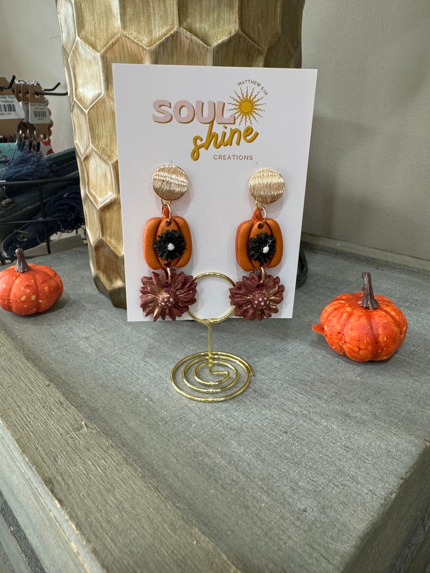 Pumpkin with maroon flowers clay earrings