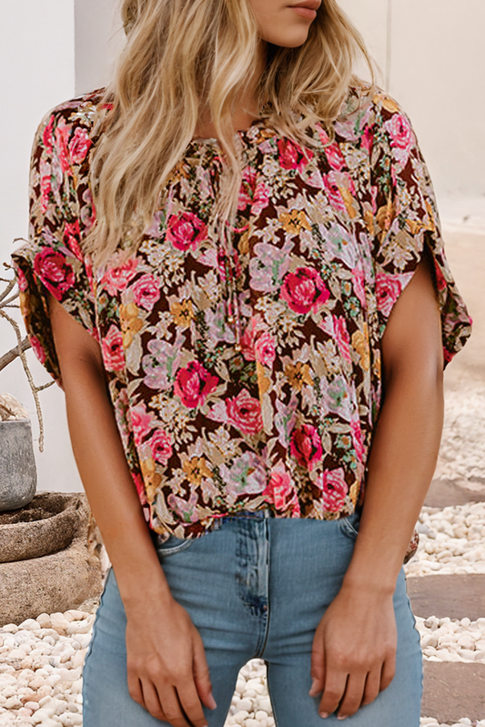 LDC Floral Print Crew Neck Short Sleeve Shift Blouse