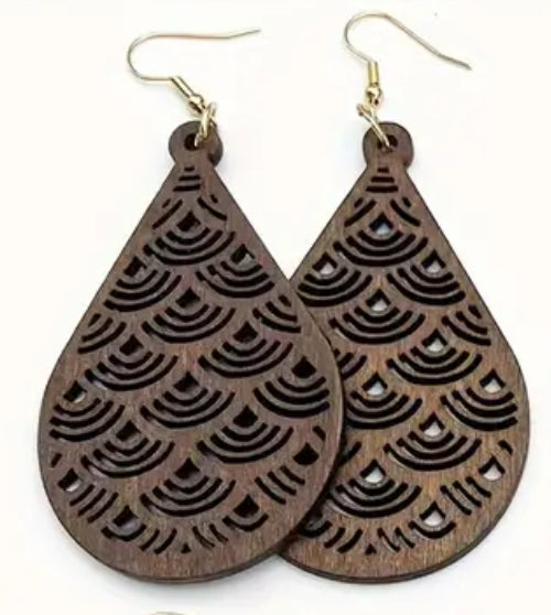 Brown Wooden Teardrop Earrings