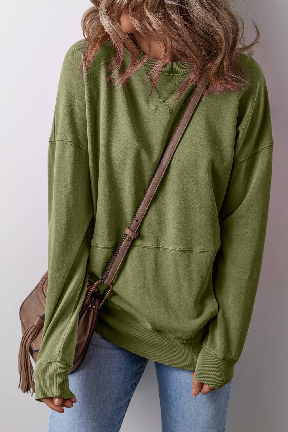 Drop Shoulder Crisscross Stitching Pocketed Loose Sweatshirt: Green