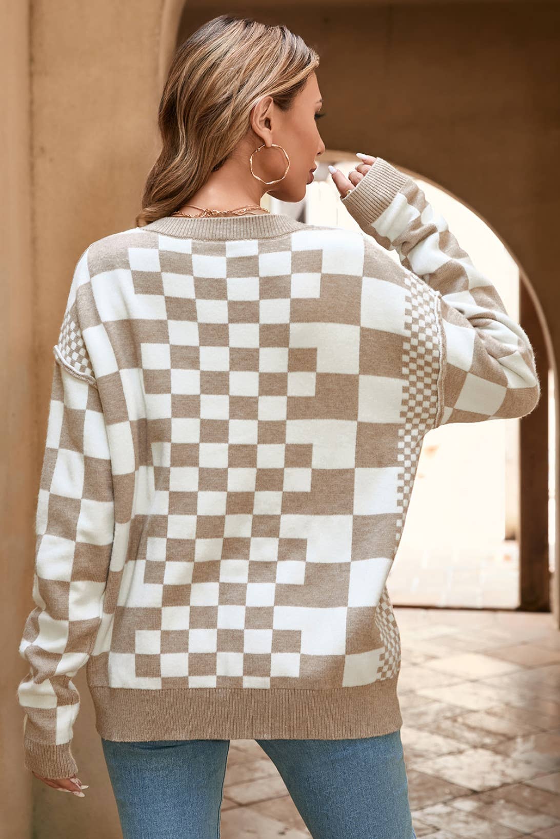 LDC Checkered Print Drop Shoulder Round Neck Sweater