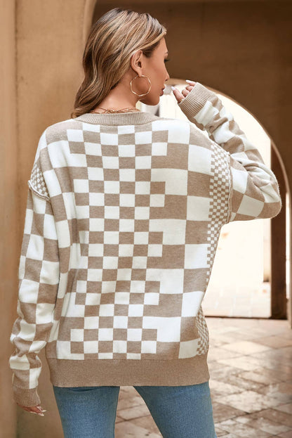 LDC Checkered Print Drop Shoulder Round Neck Sweater