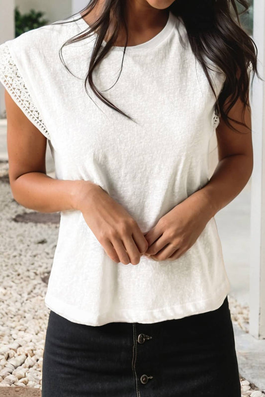 LDC Lace Patchwork Cap Sleeve Round Neck T Shirt